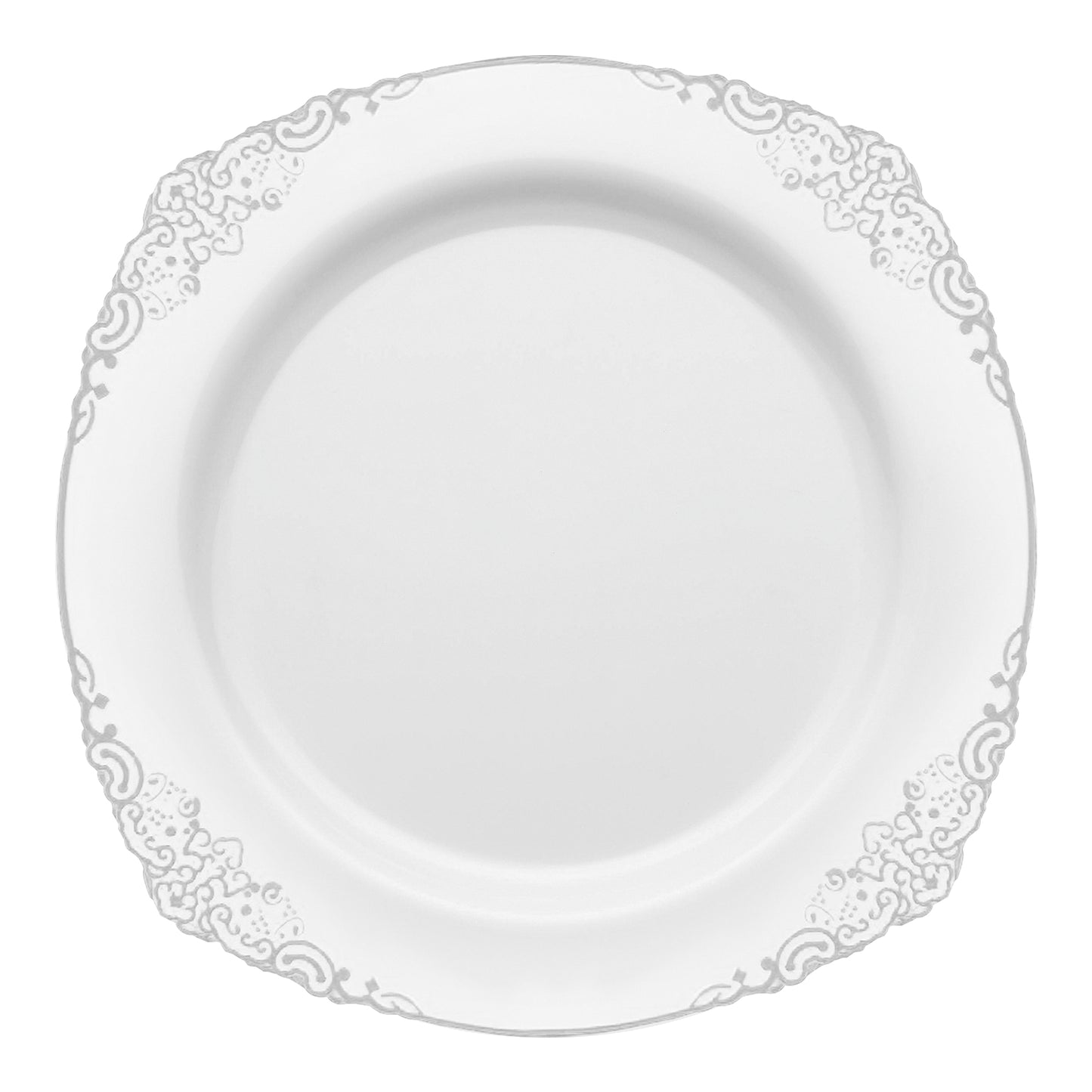 White with Silver Fancy Round Plastic Salad Plates (7.5”)