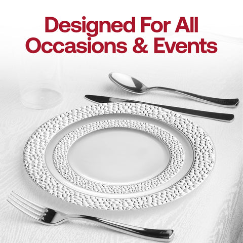 White with Silver Hammered Rim Round Plastic Appetizer/Salad Plates (7.5