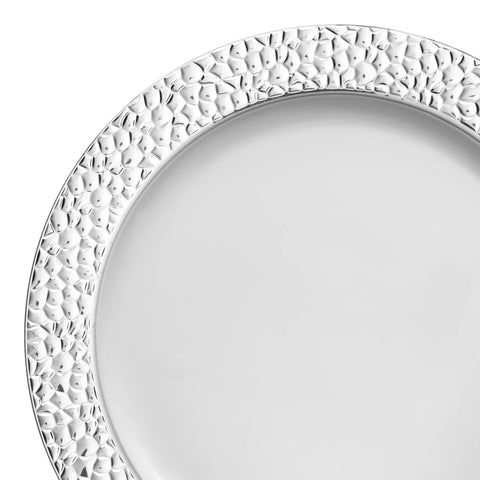 White with Silver Hammered Rim Round Plastic Appetizer/Salad Plates (7.5