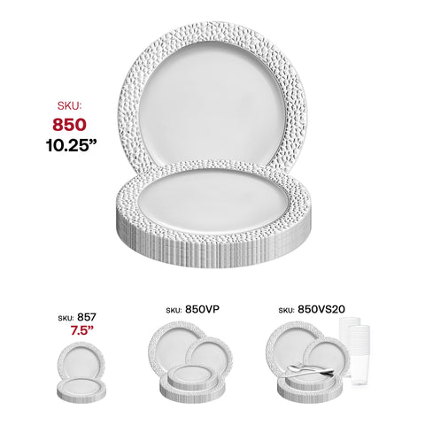 White with Silver Hammered Rim Round Disposable Plastic Dinner Plates (10.25
