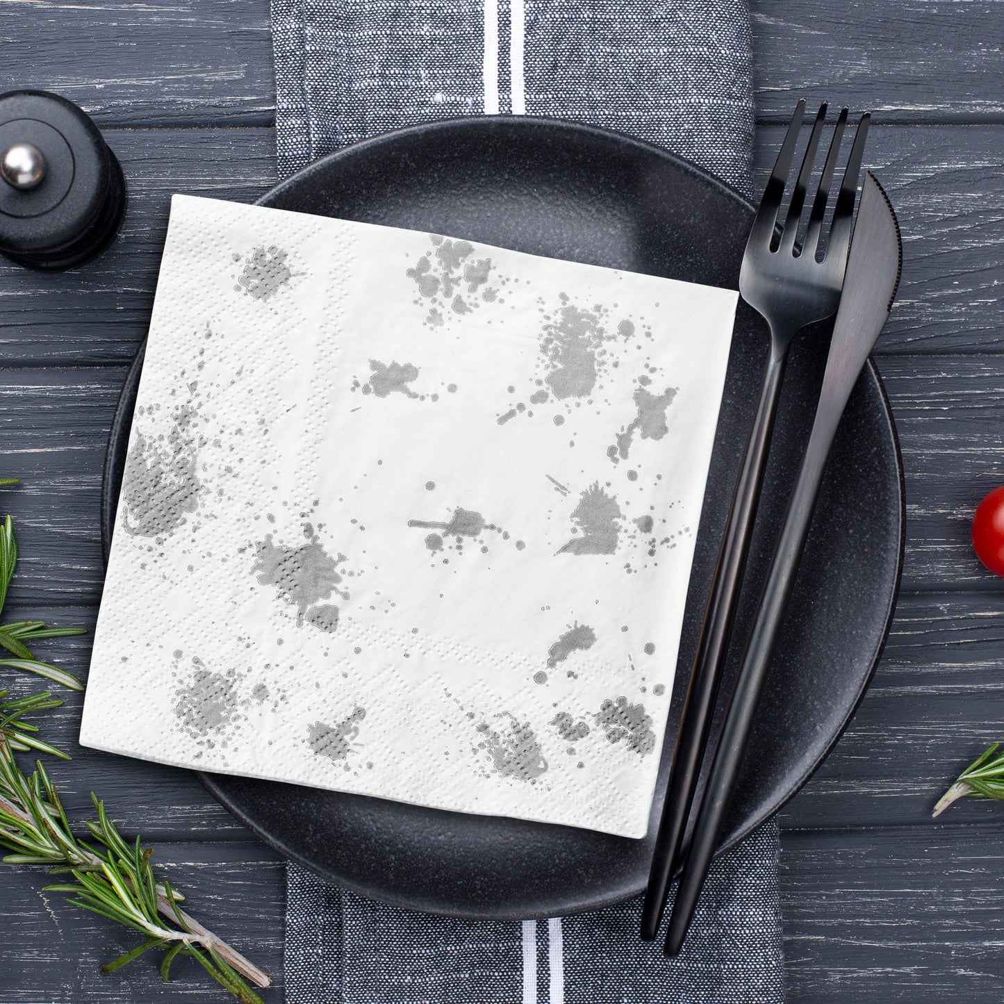 White with Silver Paint Splatter Disposable Paper Beverage/Cocktail Napkins