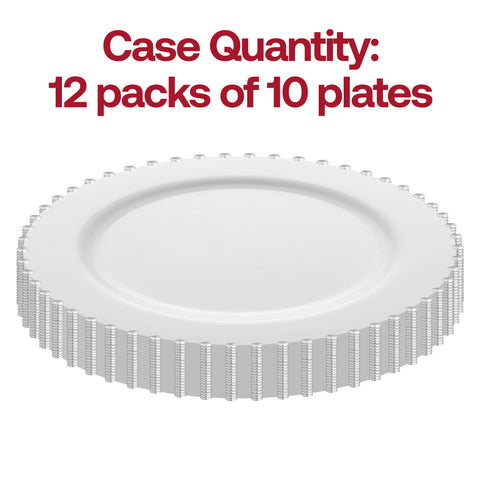 White with Silver Pearl String Round Plastic Dinner Plates (10”)