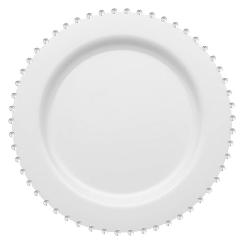 White with Silver Pearl String Round Plastic Dinner Plates (10”)