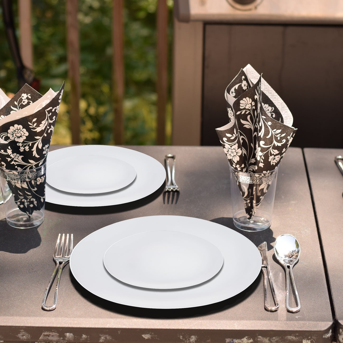 White with Silver Rim Organic Round Plastic Dinner Plates (10.25")