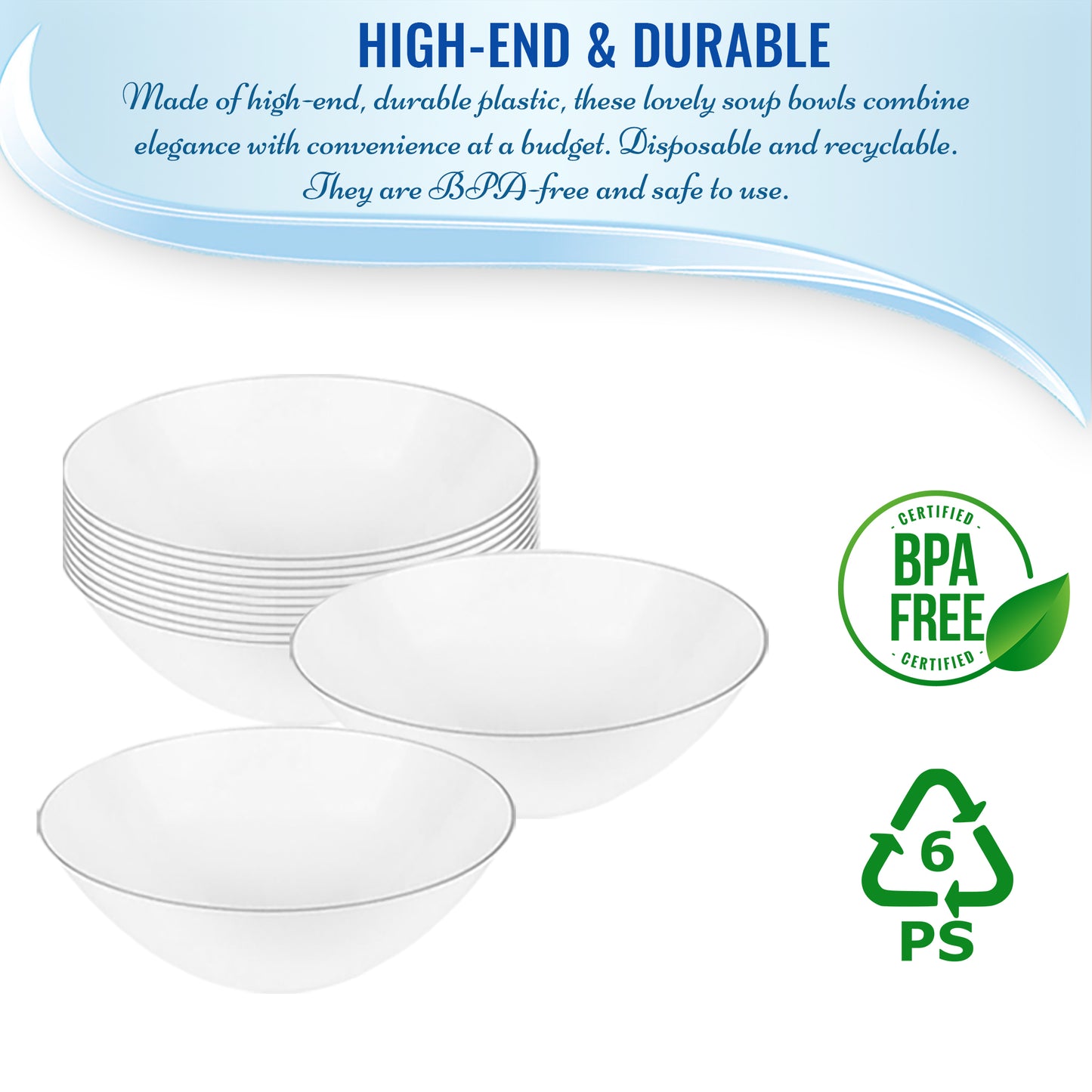 White with Silver Rim Organic Round Disposable Plastic Soup Bowls (16 oz.) | The Kaya Collection