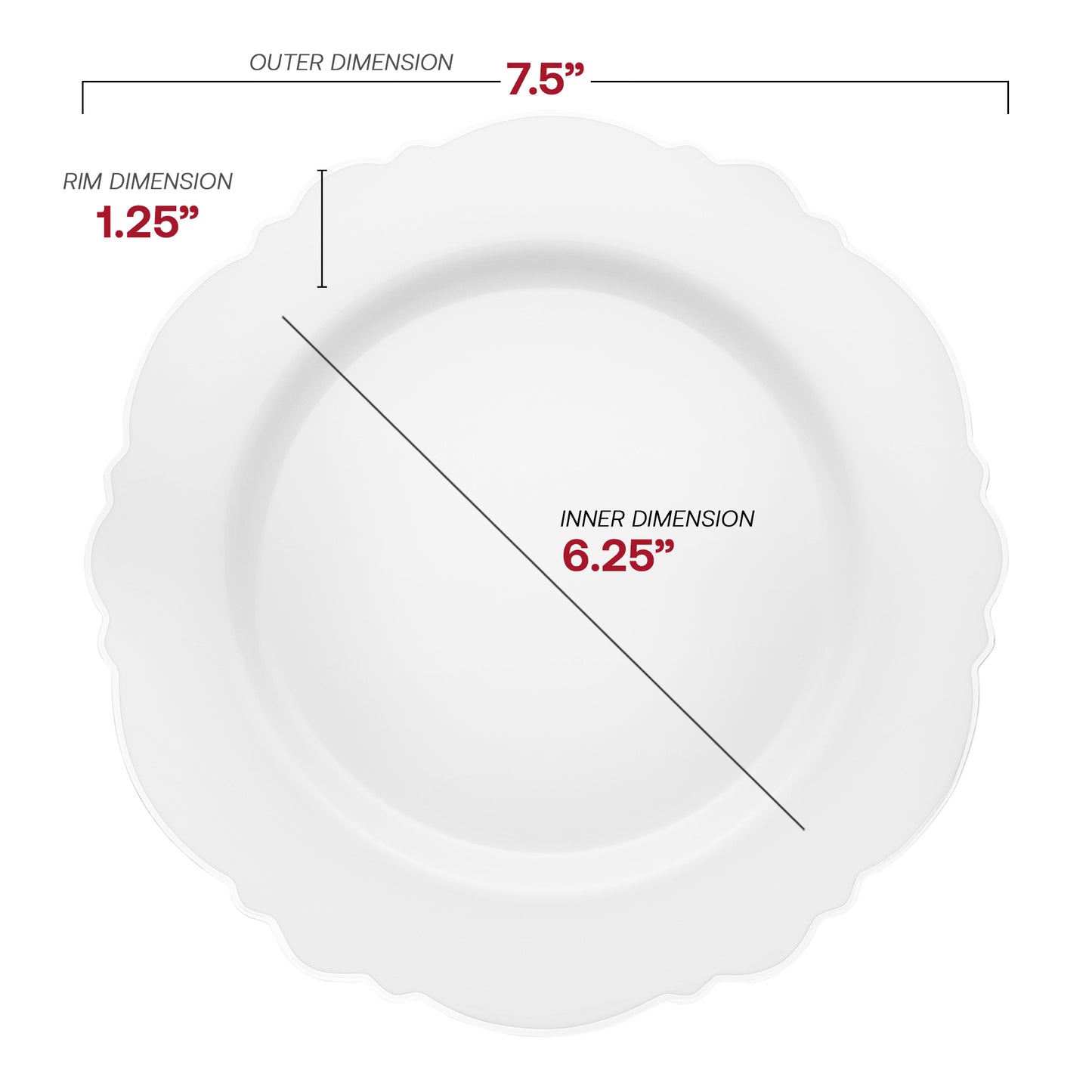 White with Silver Rim Round Blossom Disposable Plastic Appetizer/Salad Plates (7.5") Dimension | The Kaya Collection