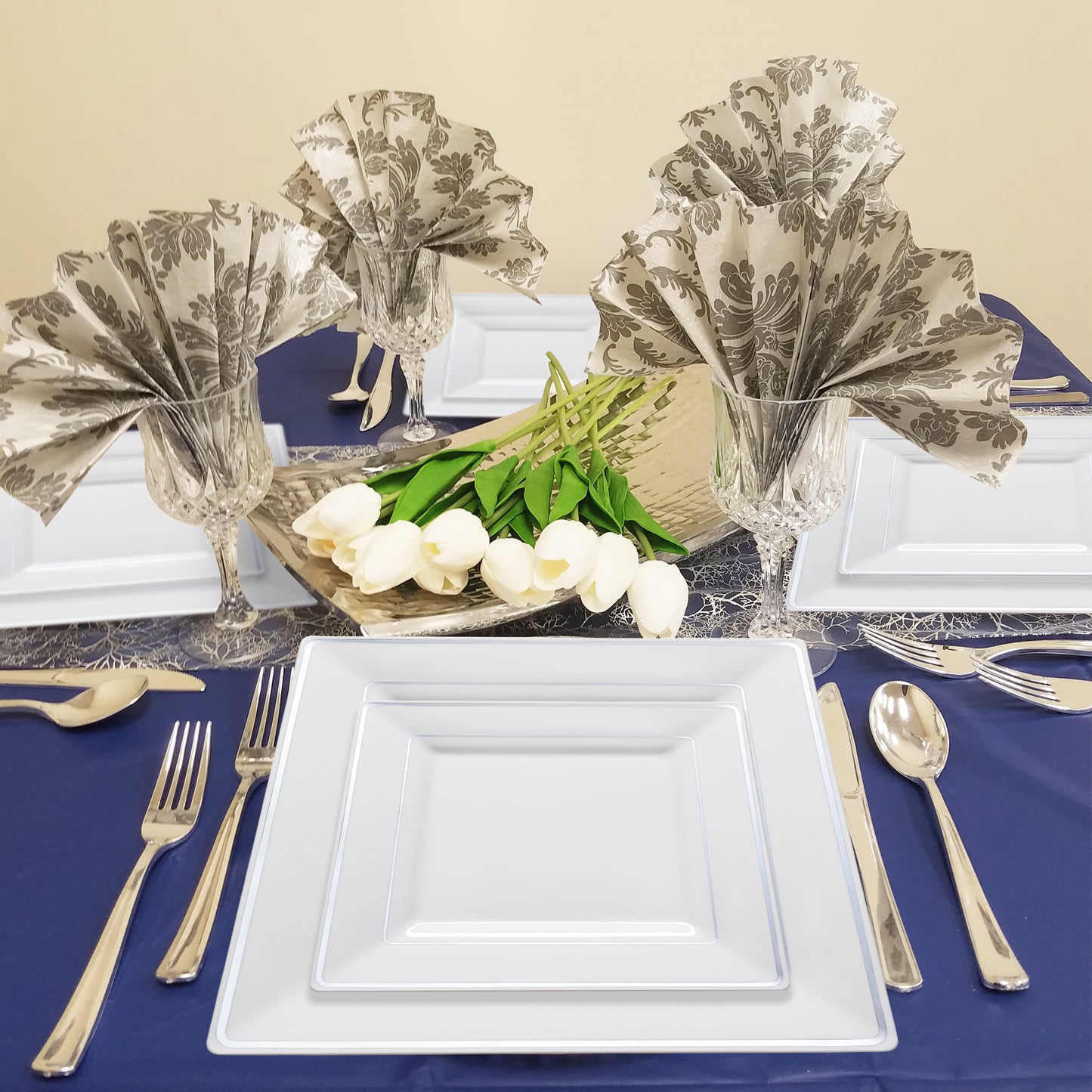 White with Silver Square Edge Rim Disposable Plastic Dinner Plates (9.5")