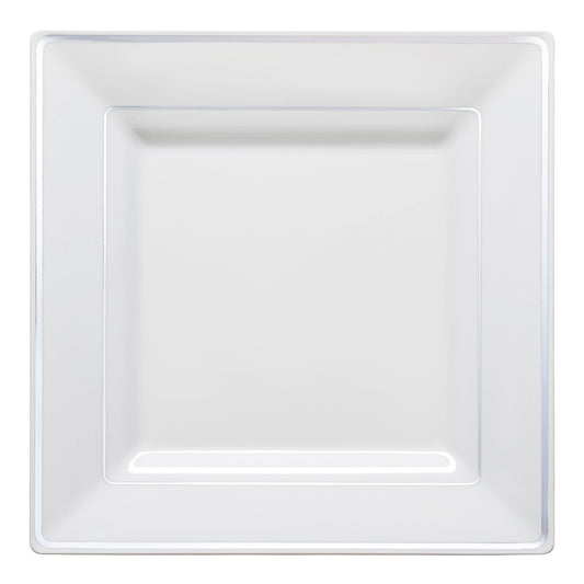 White with Silver Square Edge Rim Plastic Dinner Plates (9.5") | The Kaya Collection