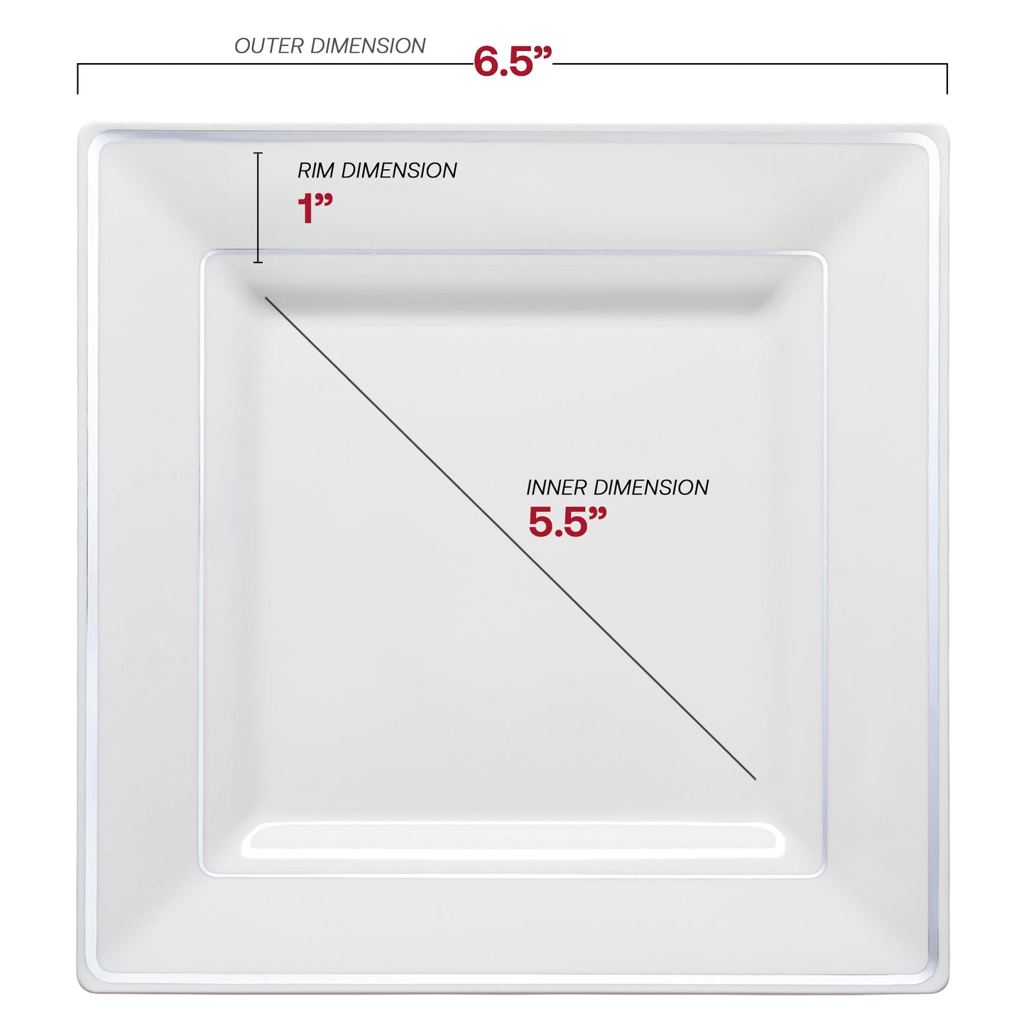 White with Silver Square Edge Rim Plastic Salad Plates (6.5")