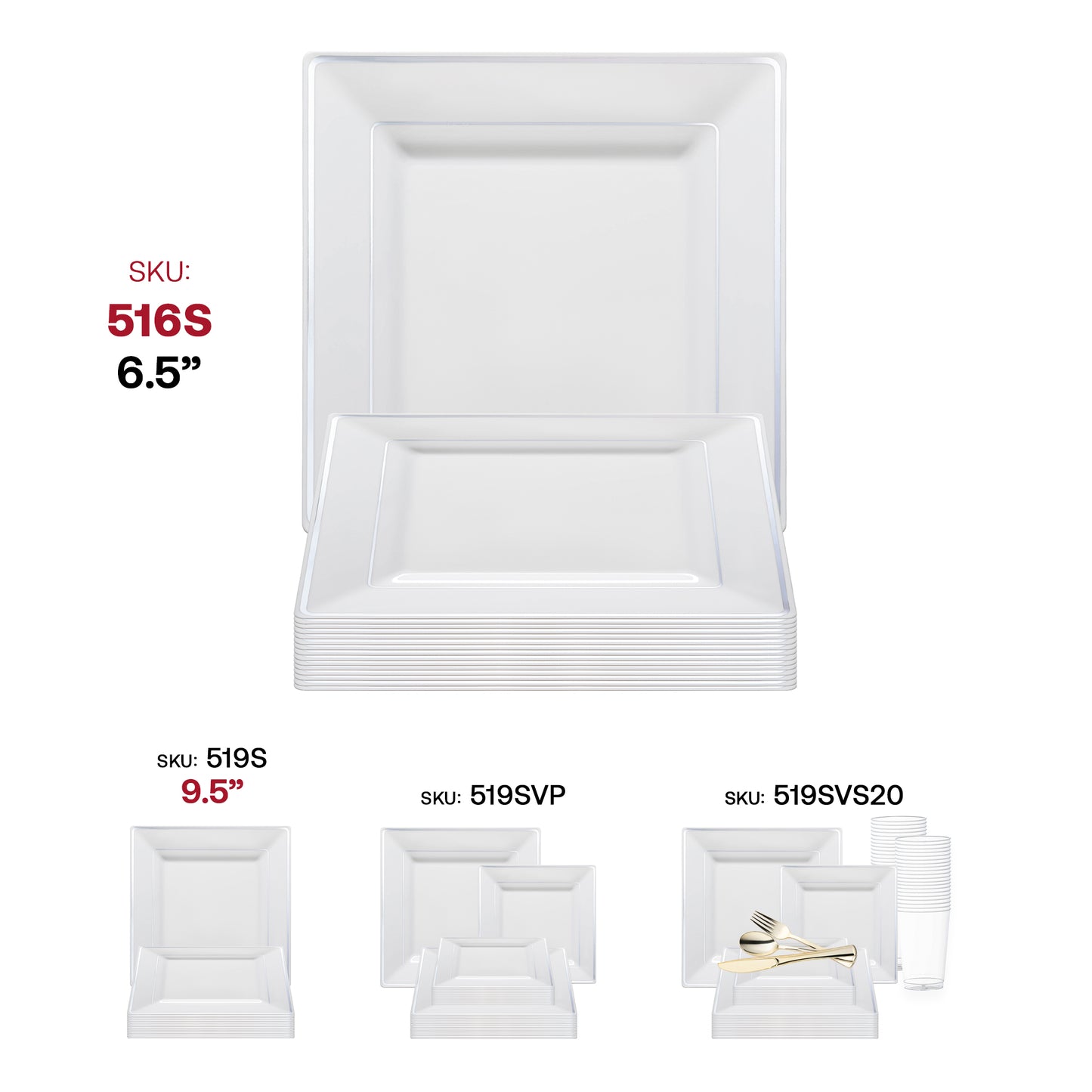 White with Silver Square Edge Rim Plastic Salad Plates (6.5")