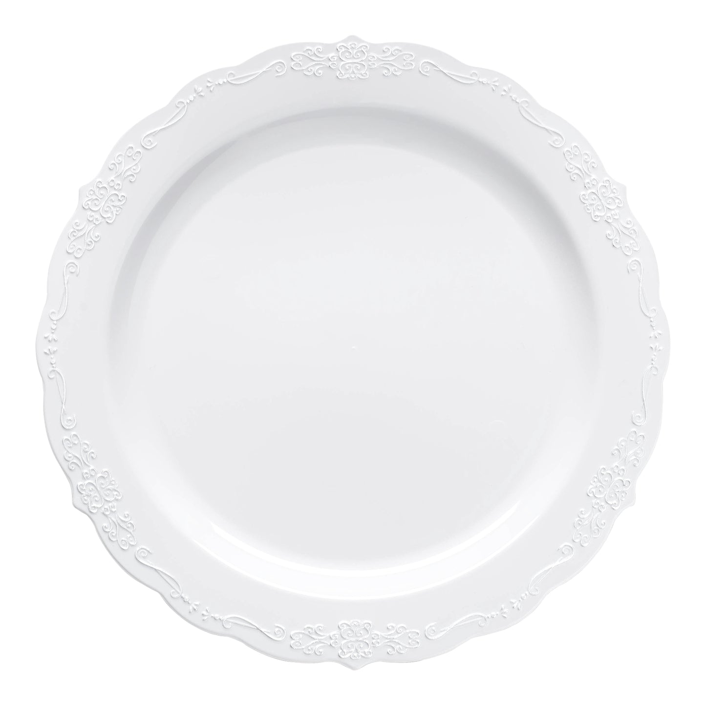 White with Silver Vintage Rim Round Plastic Disposable Dinner Plates (10") | The Kaya Collection