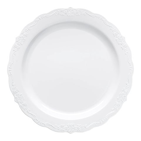 White with Silver Vintage Rim Round Plastic Disposable Dinner Plates (10