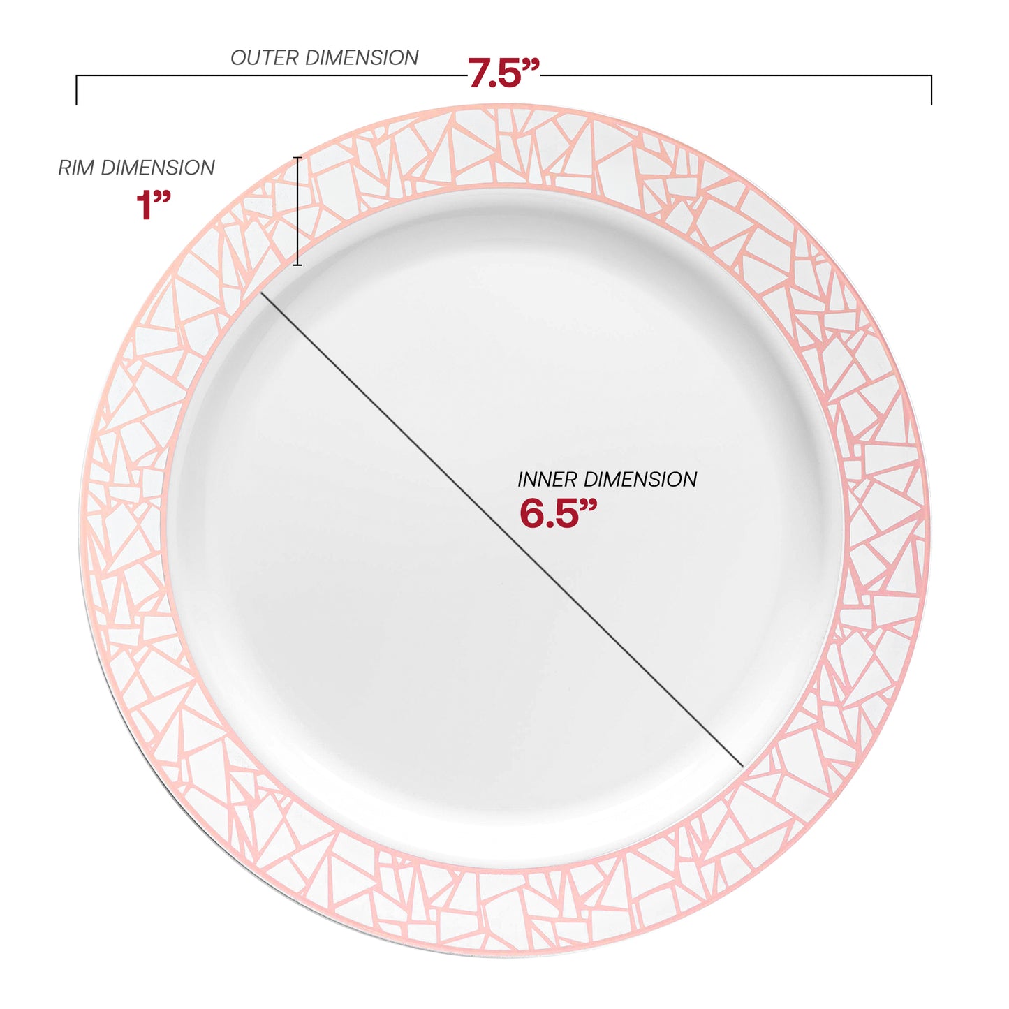 White with Silver and Rose Gold Mosaic Rim Round Plastic Appetizer/Salad Plates (7.5") Dimension| The Kaya Collection