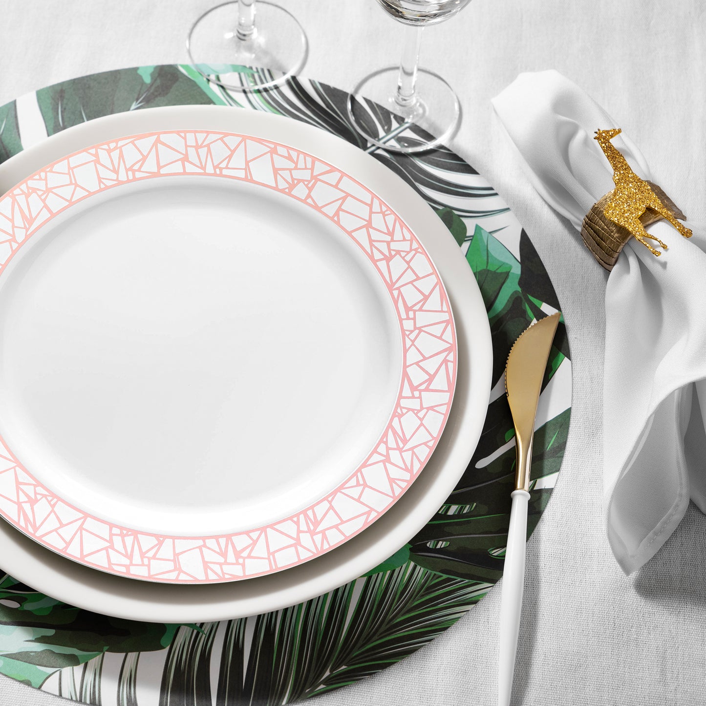 White with Silver and Rose Gold Mosaic Rim Round Plastic Salad Plates (7.5")