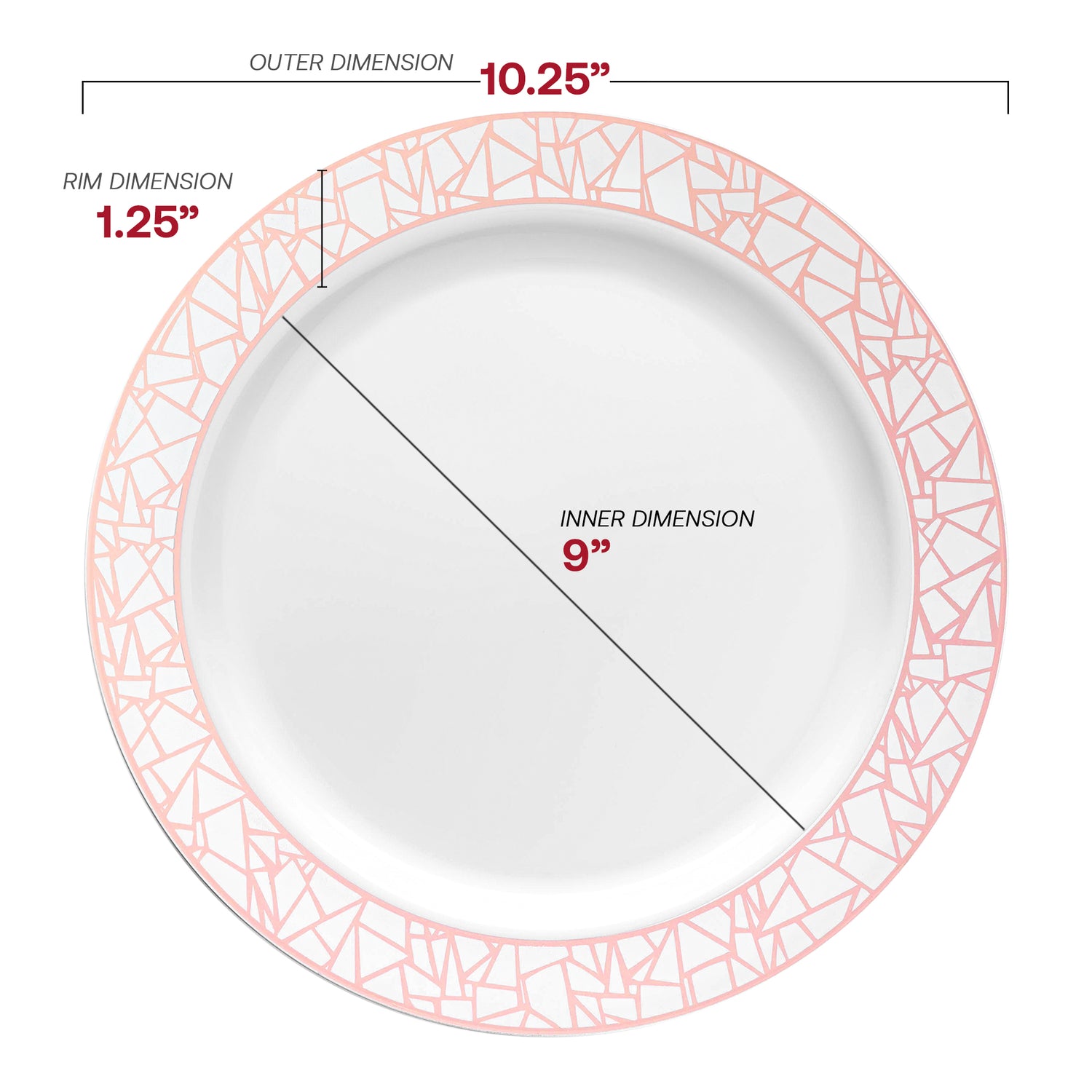 White with Silver and Rose Gold Mosaic Rim Round Disposable Plastic Dinner Plates (10.25") Dimension | The Kaya Collection