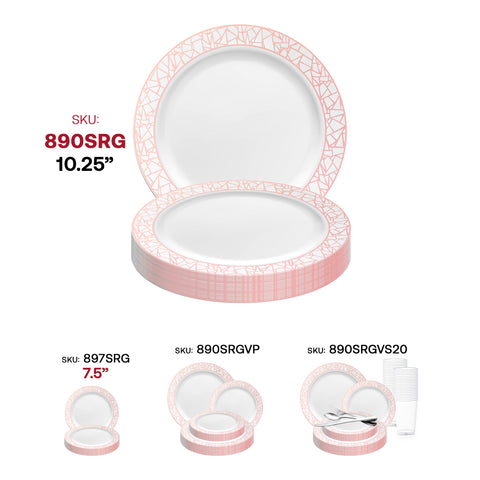White with Silver and Rose Gold Mosaic Rim Round Disposable Plastic Dinner Plates (10.25