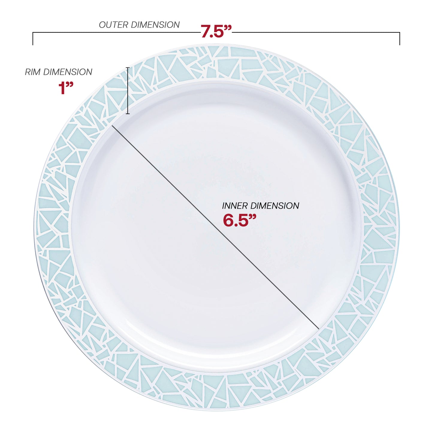 White with Turquoise Blue and Silver Mosaic Rim Round Plastic Appetizer/Salad Plates (7.5") Dimension | The Kaya Collection
