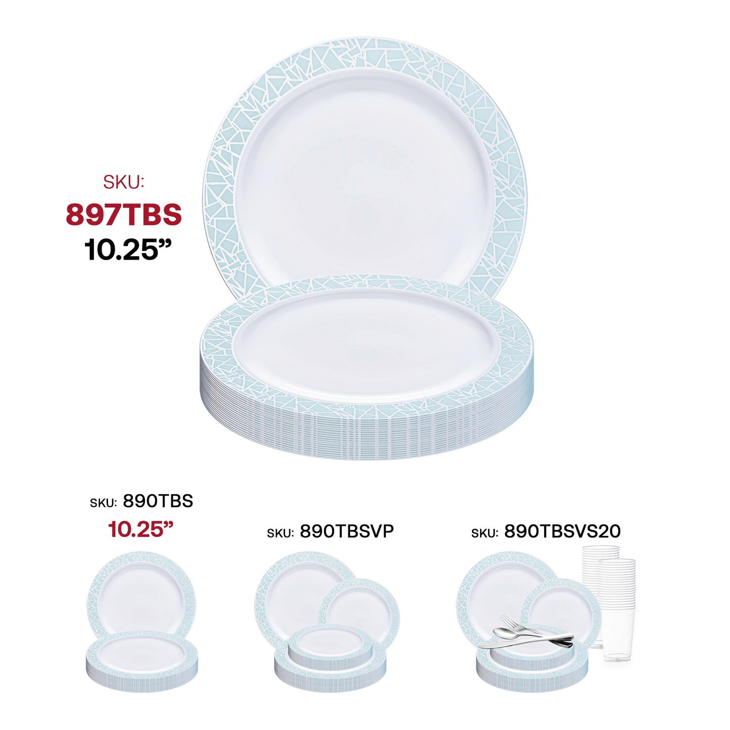 White with Turquoise Blue and Silver Mosaic Rim Round Plastic Appetizer/Salad Plates (7.5") SKU | The Kaya Collection