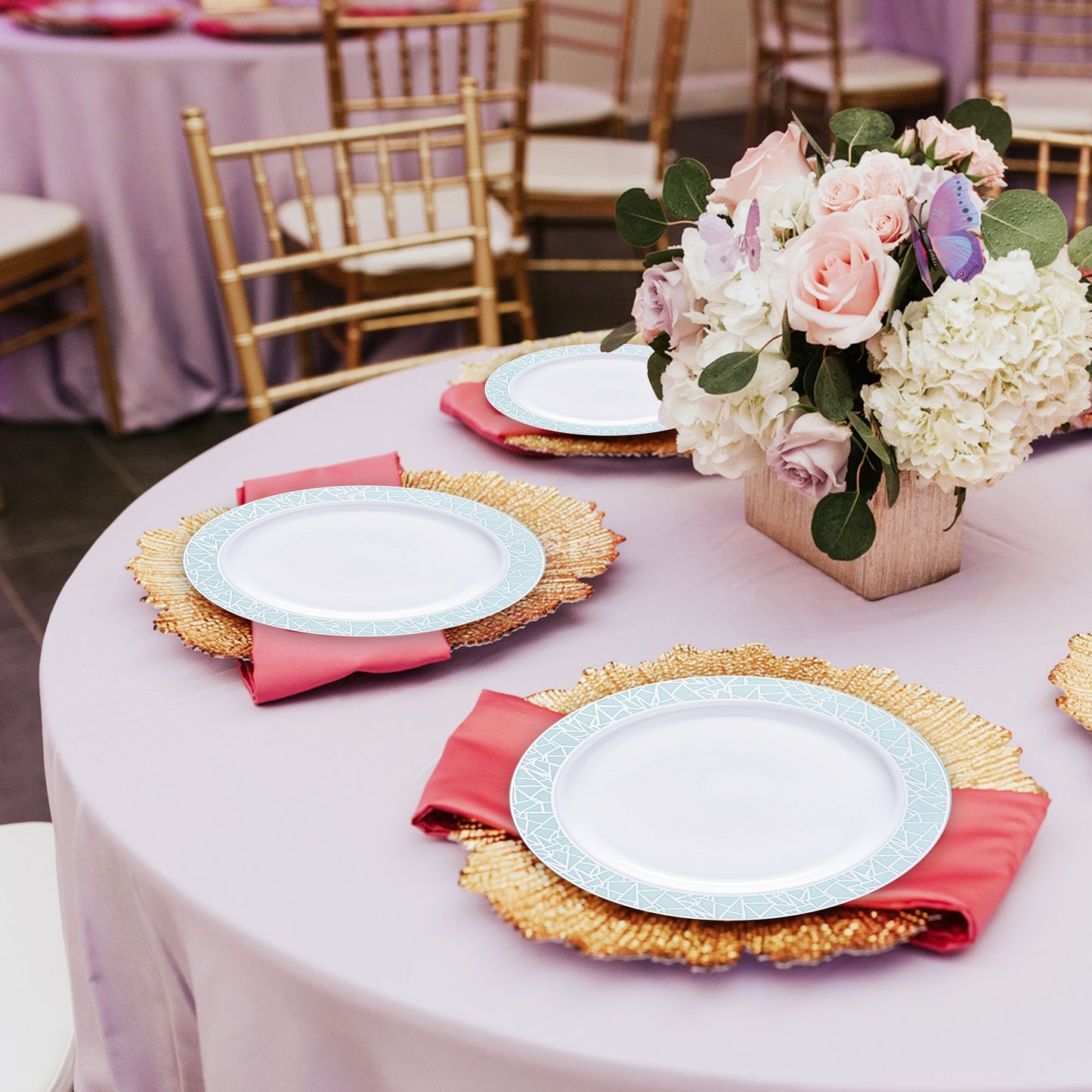 White with Turquoise Blue and Silver Mosaic Rim Round Disposable Plastic Dinner Plates (10.25")