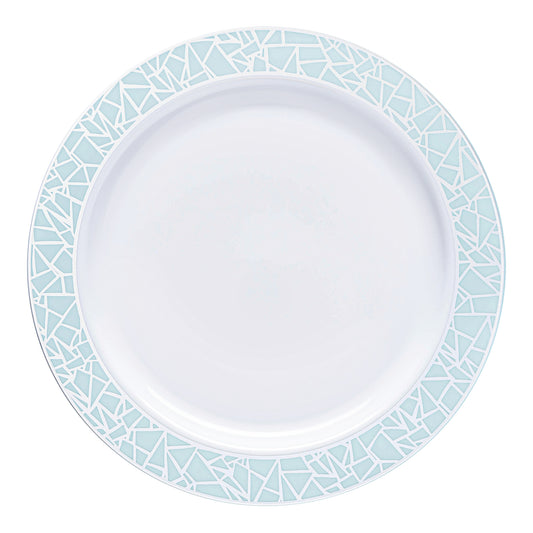 White with Turquoise Blue and Silver Mosaic Rim Round Plastic Dinner Plates (10.25") | The Kaya Collection