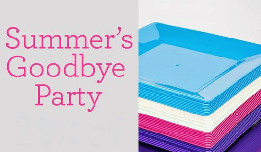 Vibrant plastic dinnerware in multiple colors for a summer goodbye party.