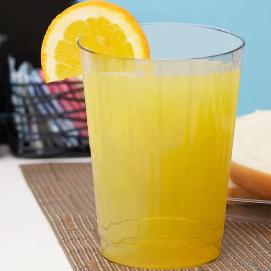 Disposable plastic tumbler perfect for lemonade parties.