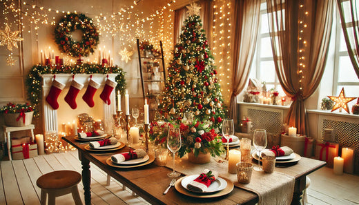 A festive dining room adorned for a Christmas party, featuring a decorated tree and hanging stockings.