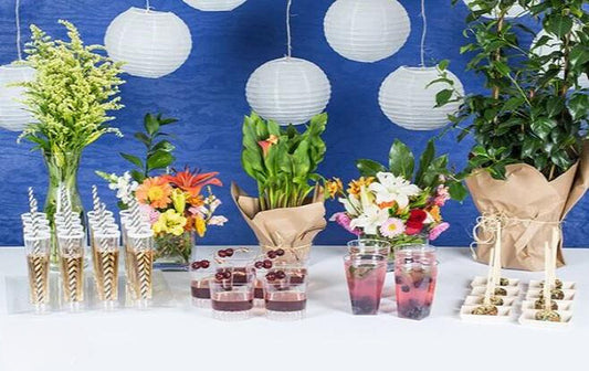 Summer cocktail party setup featuring elegant disposable partyware and decorations for a stress-free and stylish gathering.