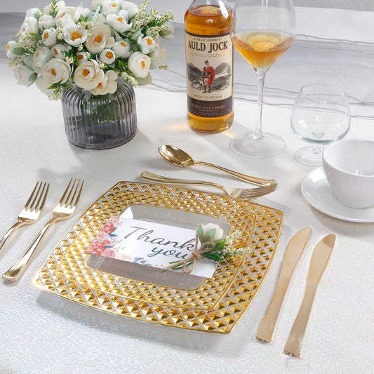 Elegant disposable dinnerware place setting for a stylish dinner party.