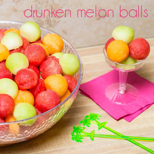 Easy party appetizer: drunken melon balls in convenient disposable party supplies.