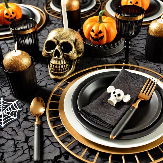 Halloween table decor with a chic arrangement of black and gold plates, enhancing the seasonal ambiance.