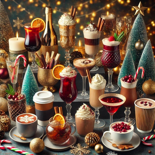 Various winter cocktail recipes served in different elegant disposable cups, set in a festive holiday arrangement.