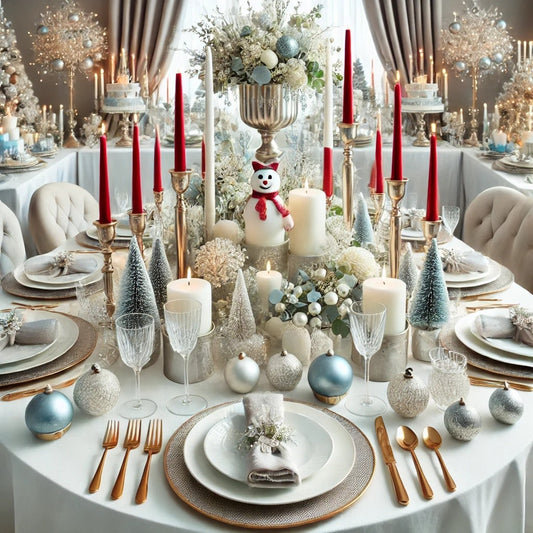 A festive Christmas table setting ideas featuring exquisite silver and gold decorations, inviting guests to a joyful celebration.