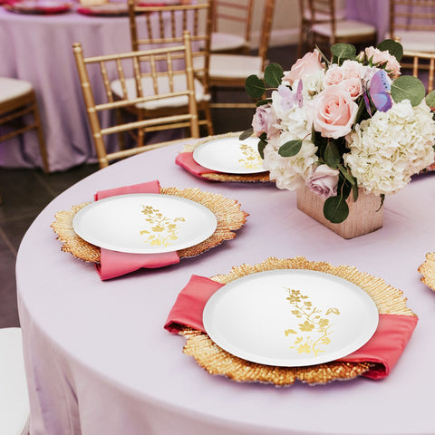 White with Gold Floral Round Plastic Dinner Plates (10