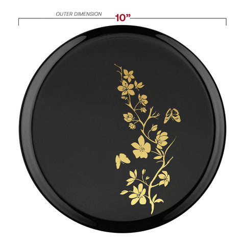 Black with Gold Floral Round Plastic Dinner Plates (10