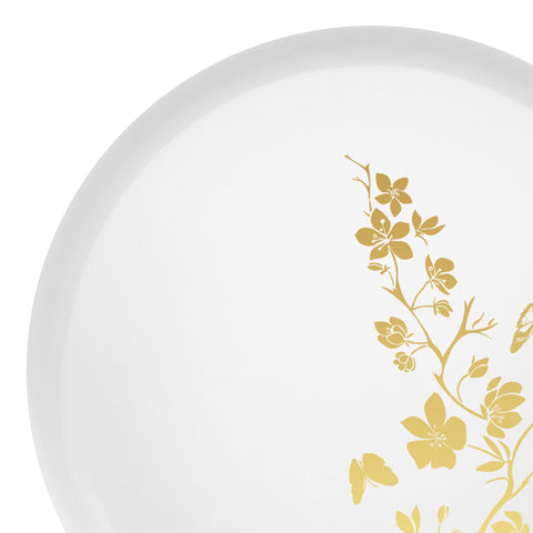 White with Gold Floral Round Plastic Dinner Plates (10