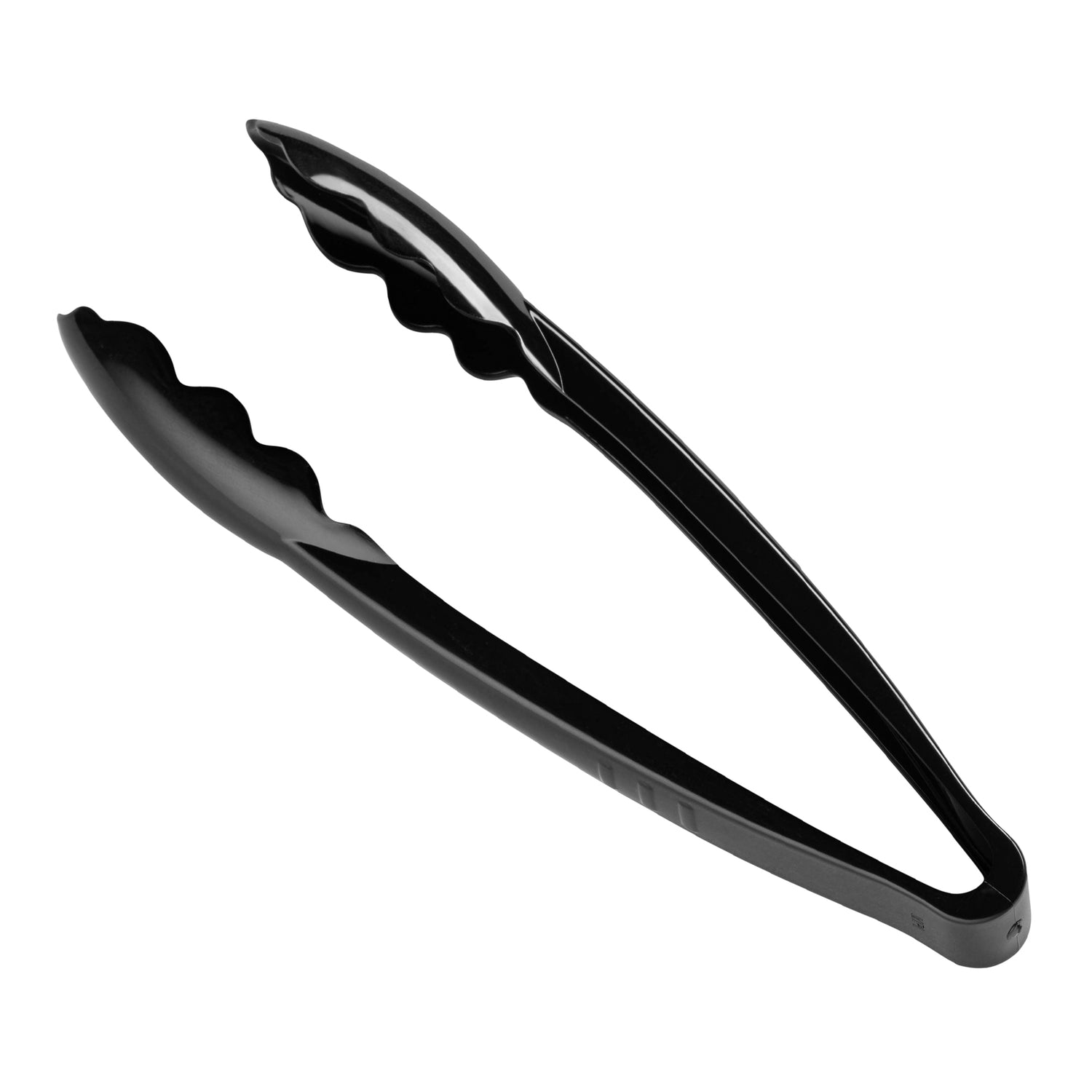 A pair of 9" Black Plastic Serving Tongs with scalloped edges. The tongs are open, showcasing their design meant for gripping and serving food securely. The surface appears smooth and glossy.