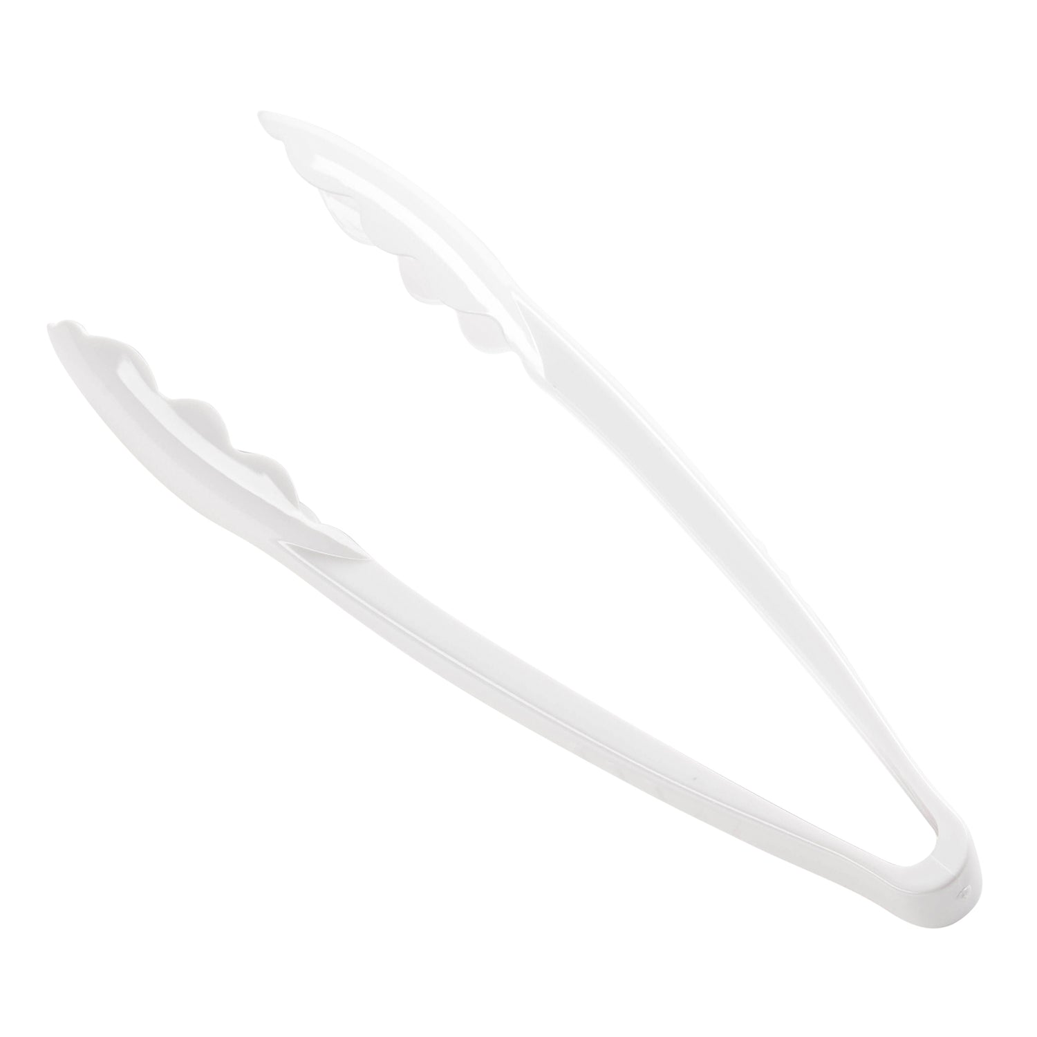 Introducing the 9" White Plastic Serving Tongs, a pair of BPA-free tongs with a simple, lightweight design. These white plastic tongs come with slightly serrated tips for better grip on food items. Set against a white background, these elegant serving tongs are perfect for any occasion.
