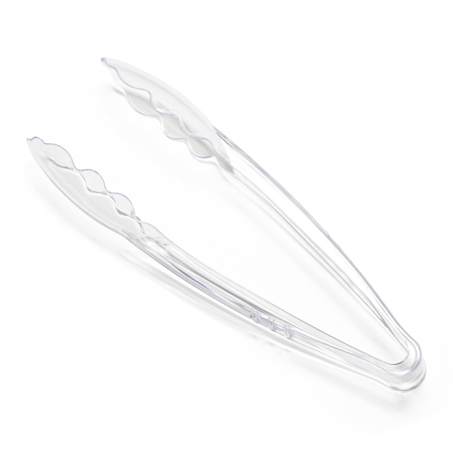 A pair of 9" Clear Plastic Serving Tongs, featuring a slightly curved design and scalloped edges. These BPA-free, transparent serving utensils appear to be resting on a white surface.