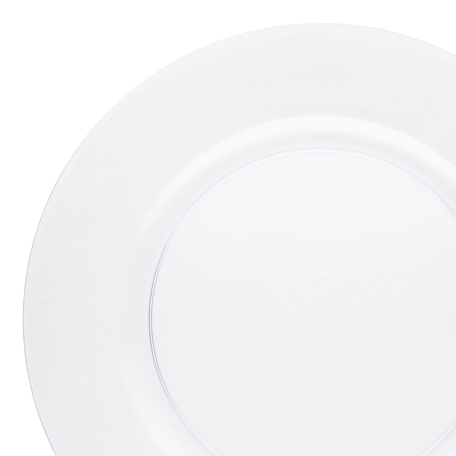 A close-up image of a Clear Round Plastic Charger Plate (13") with a simple, smooth design. The plate's clean surface and minimalist aesthetic are highlighted against a completely white background, showcasing its elegant dining appeal.