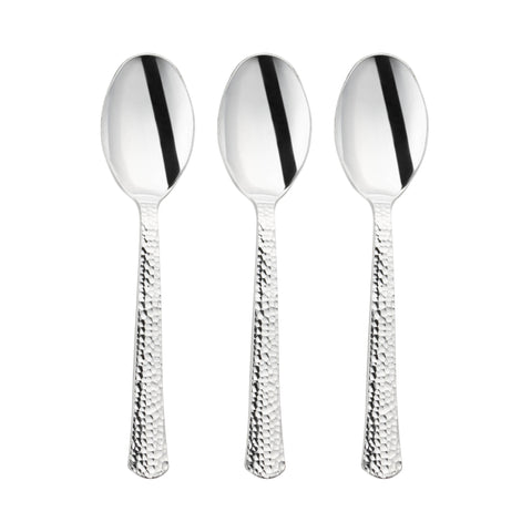 Shiny Metallic Silver Hammered Disposable Plastic Spoons