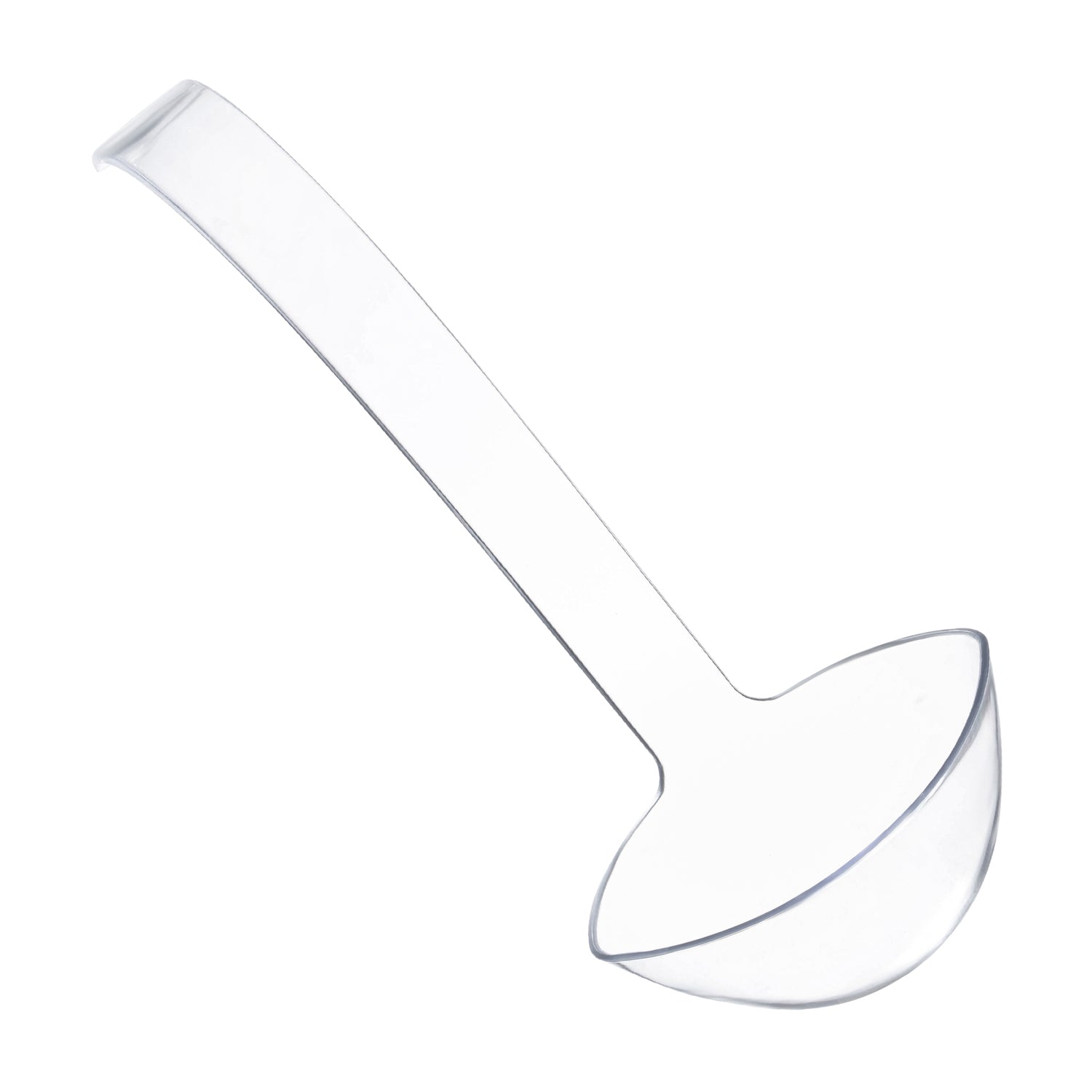 A picture shows one of the Clear Plastic Large Serving Ladles, made from BPA-free transparent plastic. It features a long handle and a deep, rounded bowl. The large serving ladle is displayed on a plain white background with a slightly angled view.