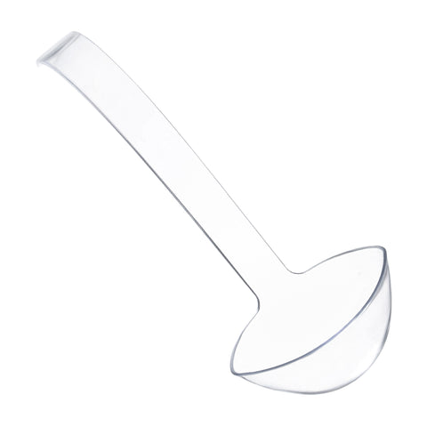 A picture shows one of the Clear Plastic Large Serving Ladles, made from BPA-free transparent plastic. It features a long handle and a deep, rounded bowl. The large serving ladle is displayed on a plain white background with a slightly angled view.