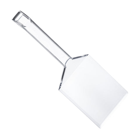 A large serving spatula with a flat, rectangular plastic blade and a long, straight handle. The spatula is made of clear plastic and appears to be designed for cooking or baking, likely for flipping or lifting food items.