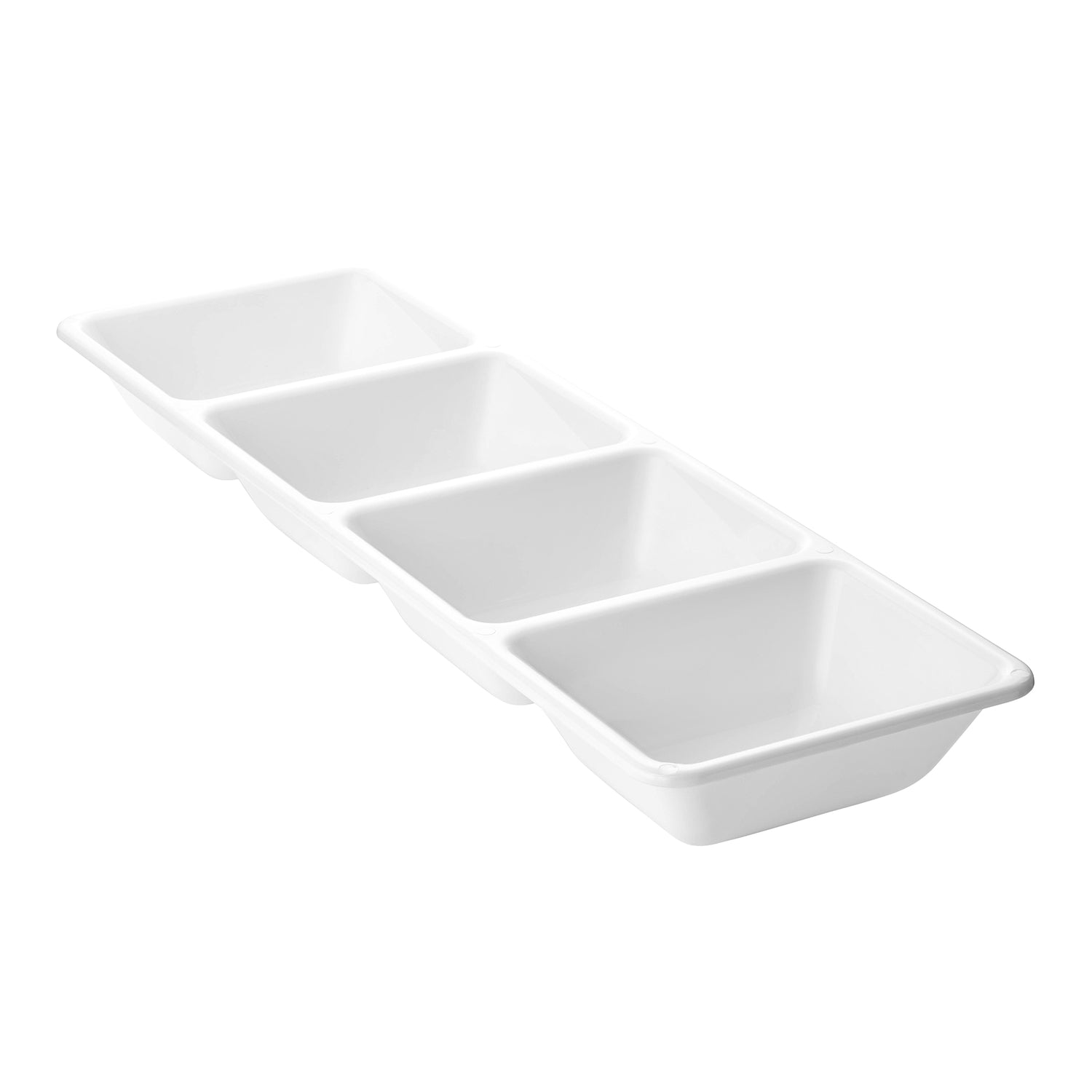 The 16" x 5" white four-section plastic disposable tray features evenly spaced, deep compartments for serving various foods or condiments separately. Designed with a sleek, rectangular shape and a clean, white background, this BPA-free tray is perfect for versatile serving needs.