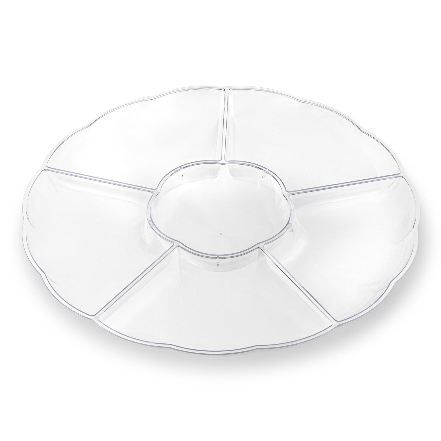 The Clear Big 6-Partition Round Plastic Disposable Tray is a transparent, circular serving tray made from BPA-free plastic. It features a central compartment and six surrounding wedge-shaped compartments, perfect for holding various snacks or condiments. The tray also boasts a scalloped edge design and is ideal for reuse on many occasions.