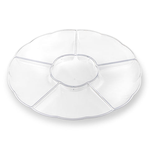The Clear Big 6-Partition Round Plastic Disposable Tray is a transparent, circular serving tray made from BPA-free plastic. It features a central compartment and six surrounding wedge-shaped compartments, perfect for holding various snacks or condiments. The tray also boasts a scalloped edge design and is ideal for reuse on many occasions.