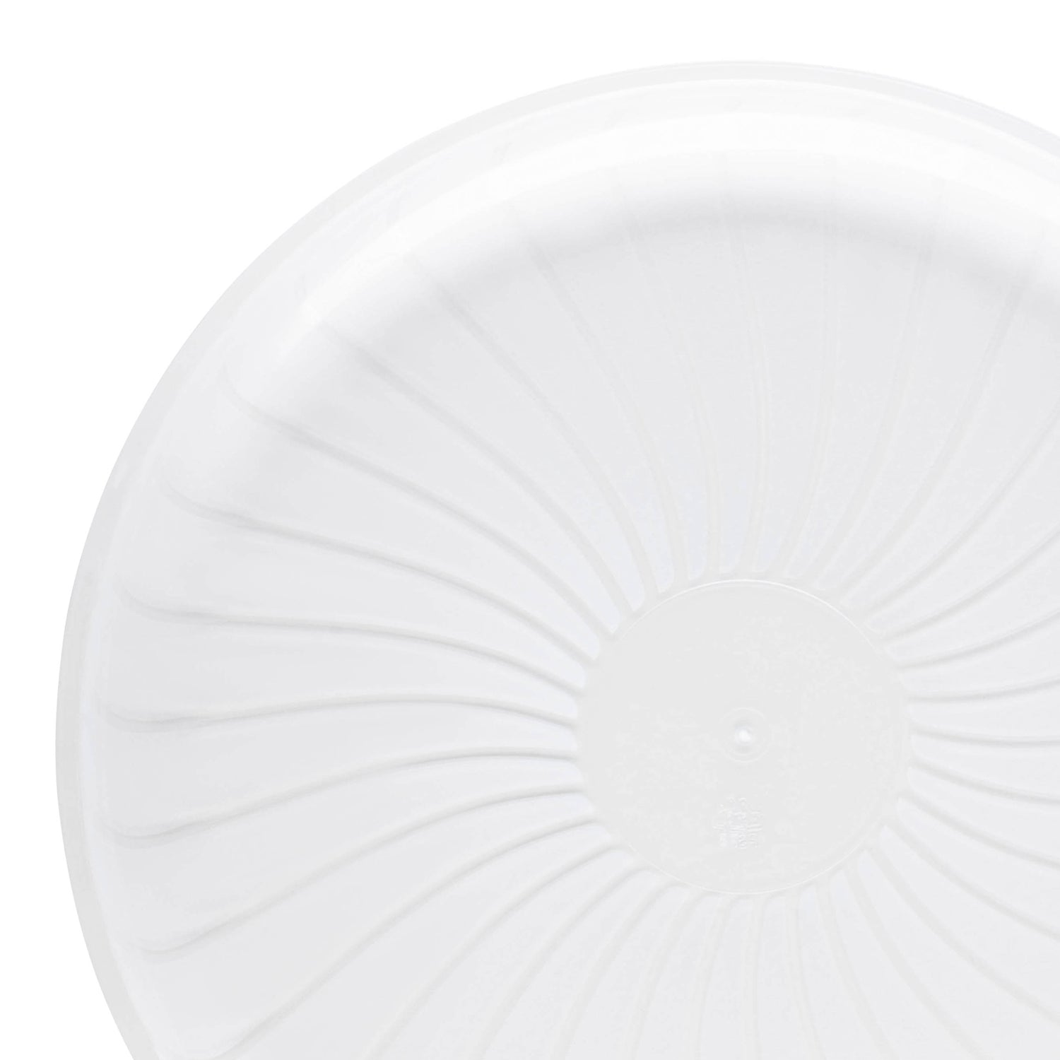 A close-up of the 16" Clear Pavilion Round Plastic Disposable Tray, showcasing its subtle embossed pattern with concentric, radiating lines from the center towards the edges. Perfect for food serving, its clear design subtly highlights its clean appearance.