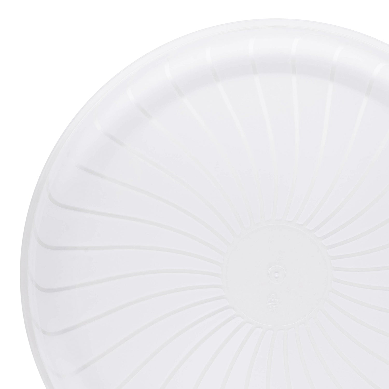A close-up view of the 14" Clear Pavilion Round Plastic Tray lid with a sunburst pattern radiating from the center. The image showcases the texture and design details of the tray's surface, reminiscent of elegant party trays.