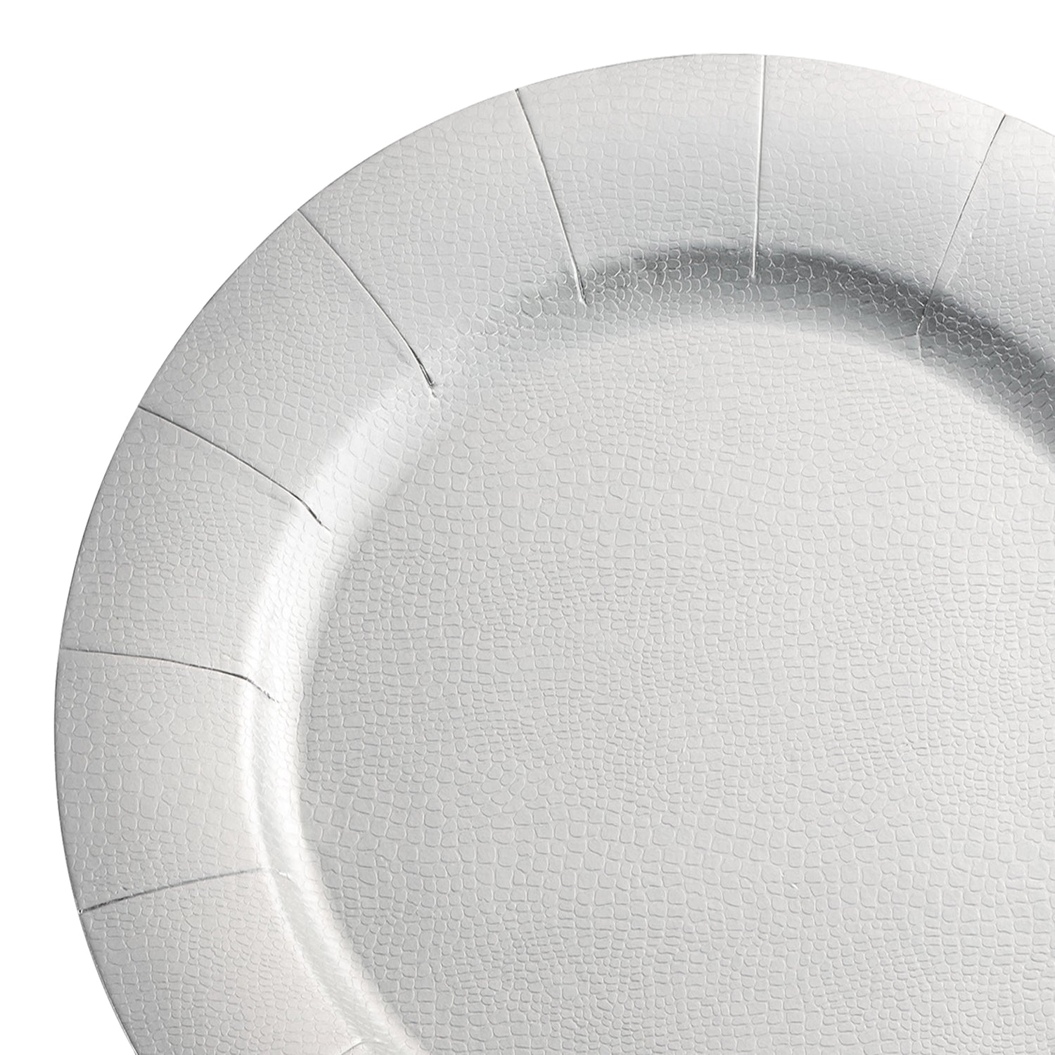 A plain, round, Shiny Silver Disposable Paper Charger Plate with a textured surface is shown. The plate features subtle grooves around its edge, giving it a slightly scalloped appearance. Perfect for an elegant table setting with the convenience of disposable paper plates. The background is isolated and white.